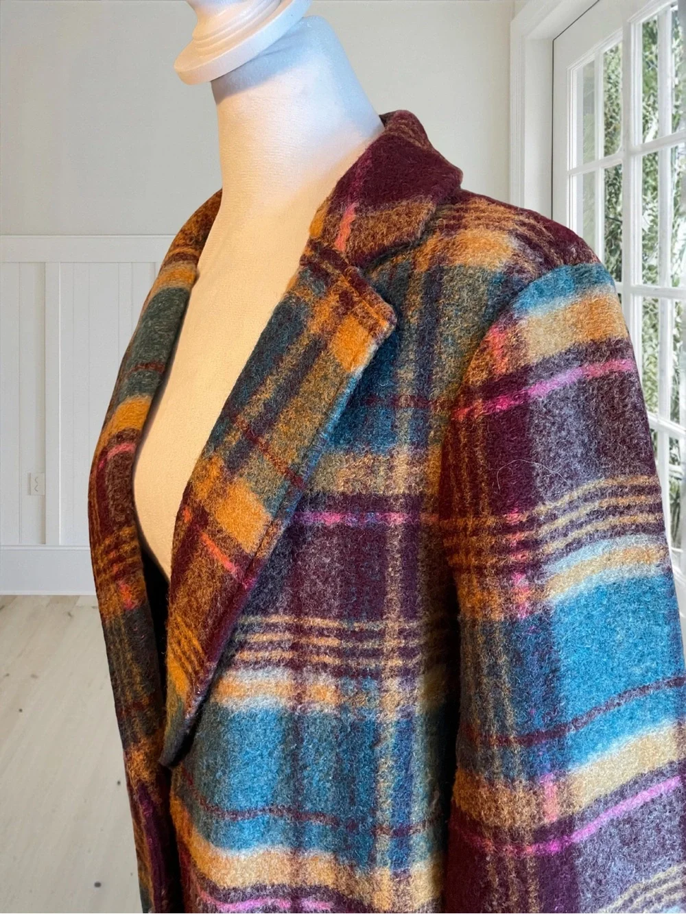 RACHEL ZOE Womens Large Plaid Wool Blend Overcoat NWOT Teal Gold Burgundy Coat - Picture 3 of 14